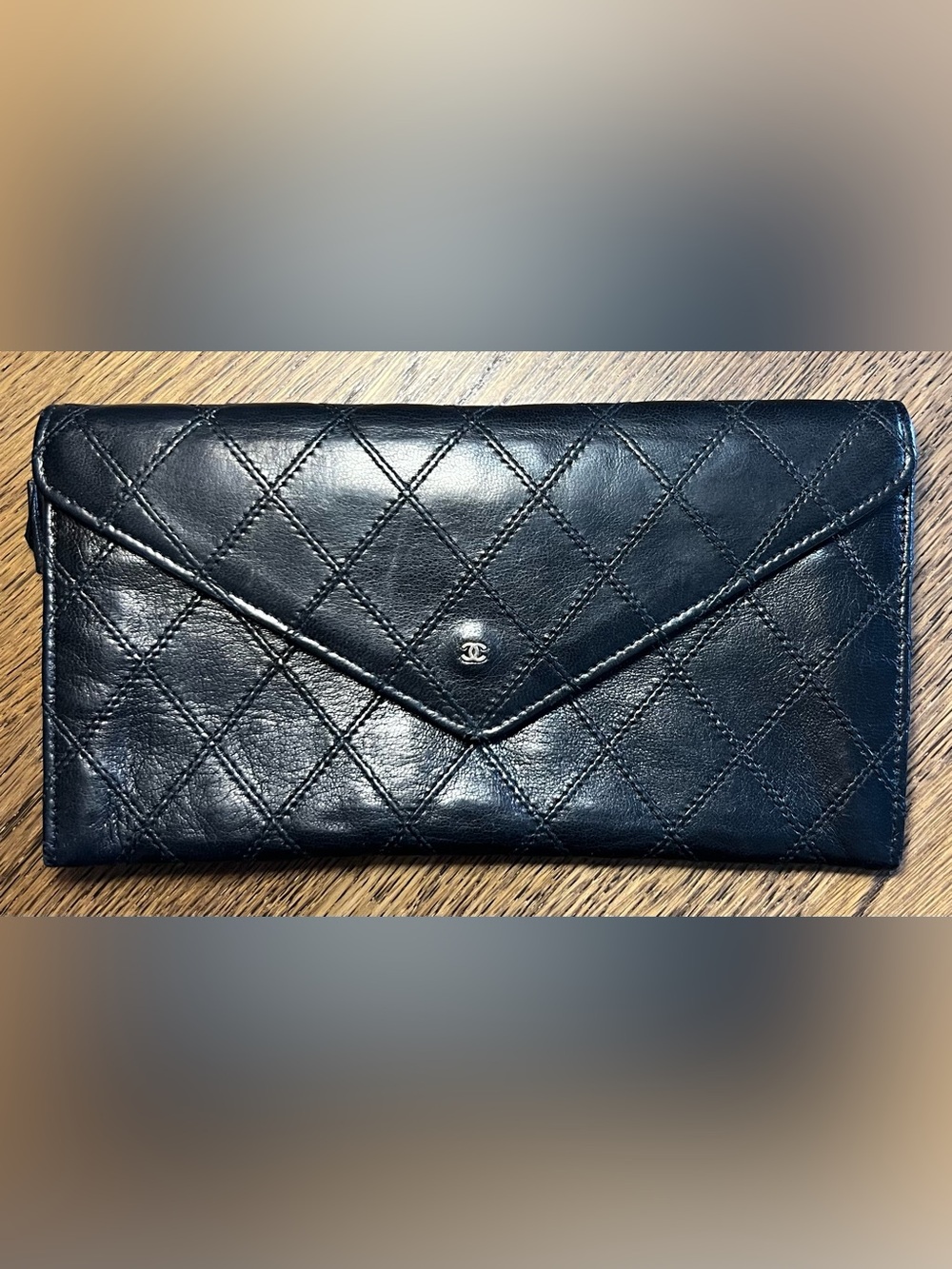 CHANEL Vintage Bicolore Quilted Lambskin Long Bifold Wallet Black